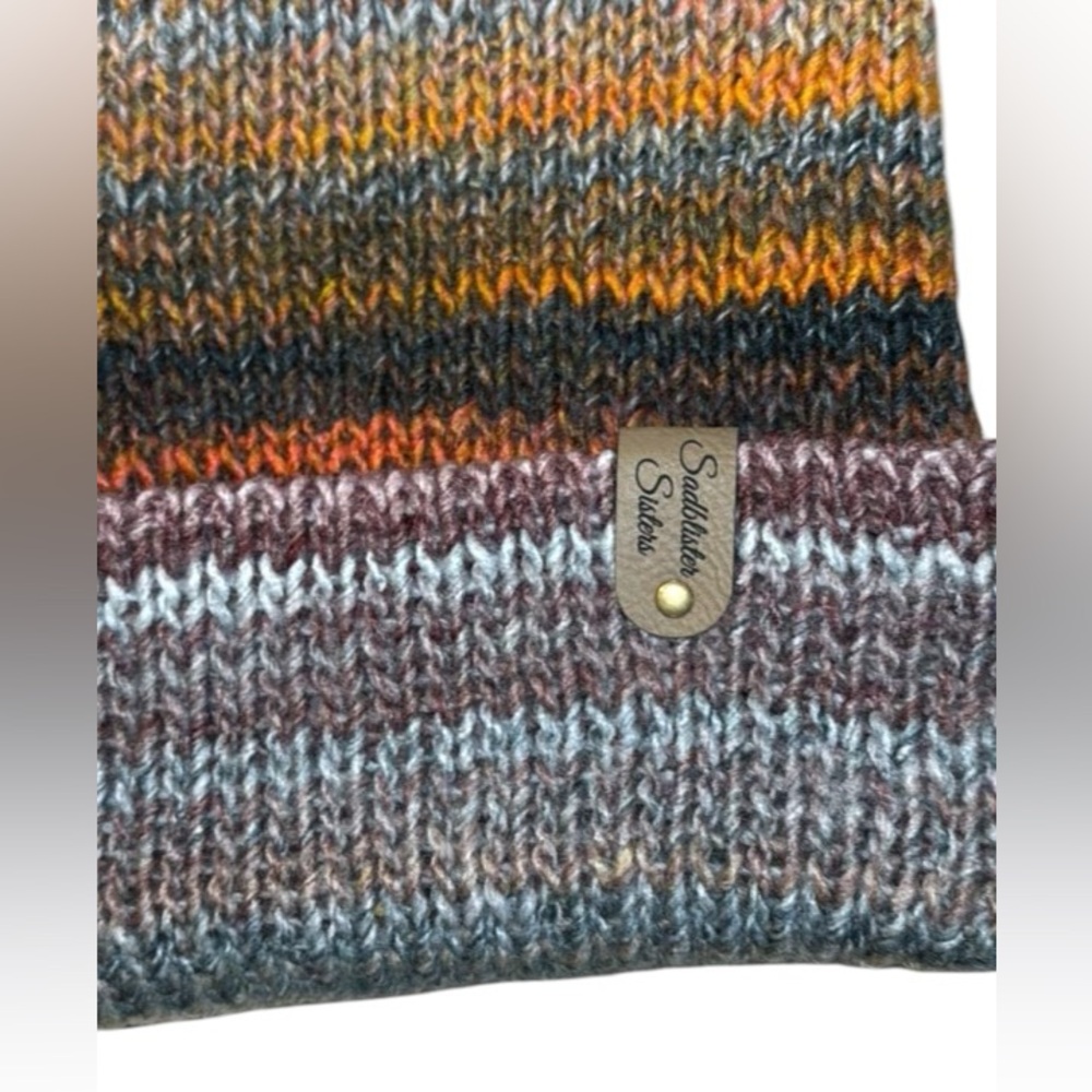 Sadblister Sisters adult knit winter hat orange cream with grays - Picture 4 of 4